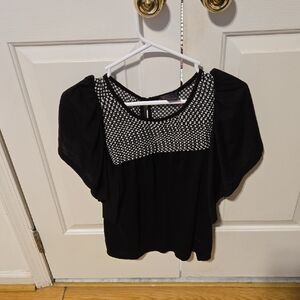 Fire Los Angeles Black Dot-Trim Flutter Sleeve Blouse